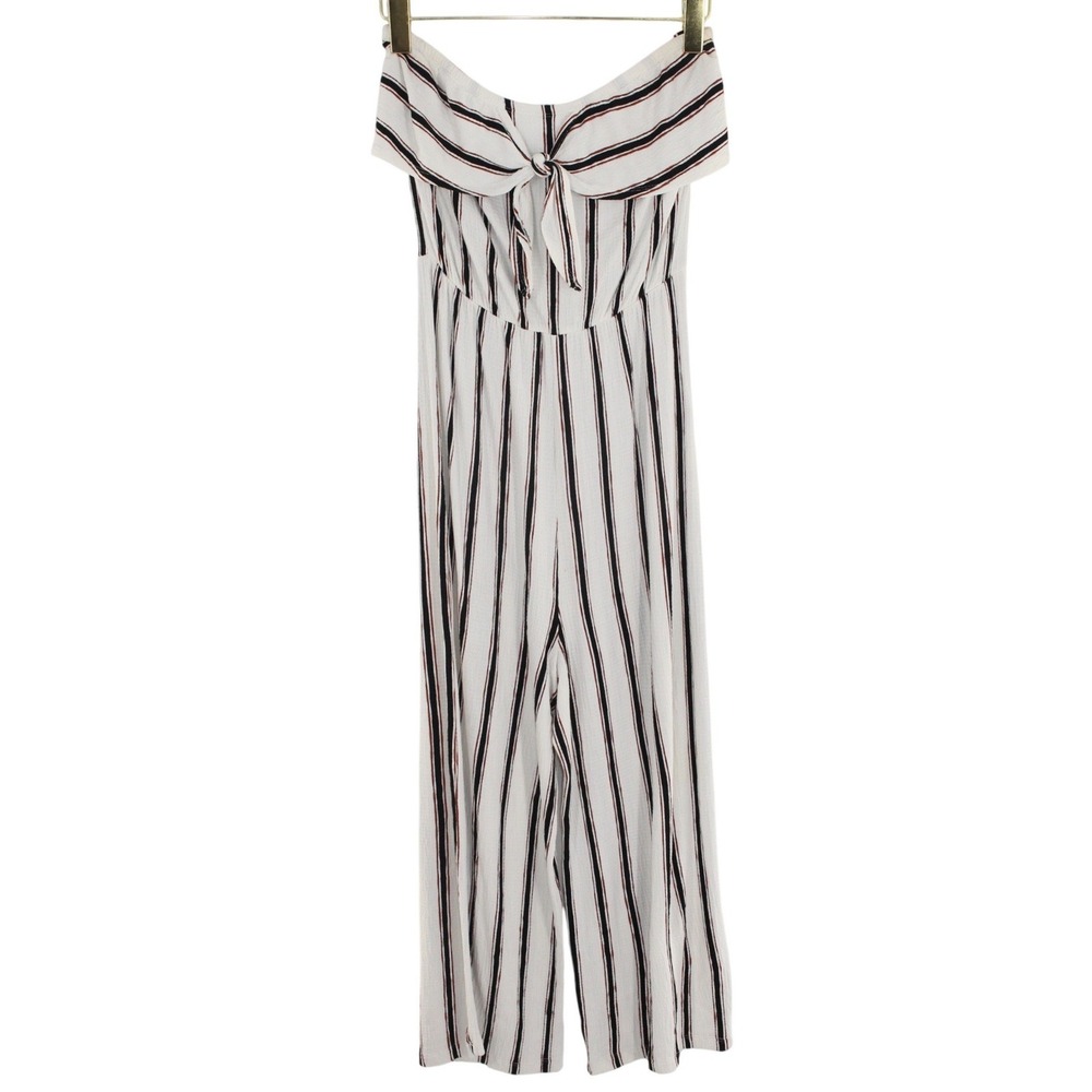 Love Tree Jumpsuit Striped Tie Front Off Shoulder Large White Black Rust